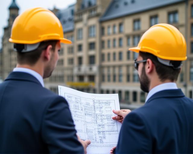 Bauingenieure besprechen Baupläne vor einem Berliner Altbau